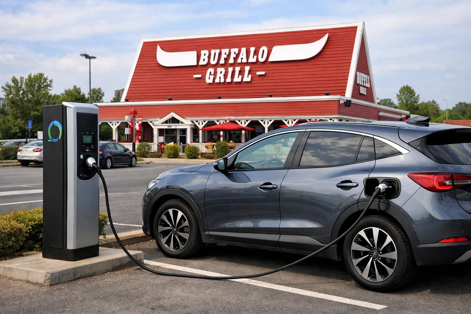 Borne de recharge sur parking d'hôtel ou restaurant