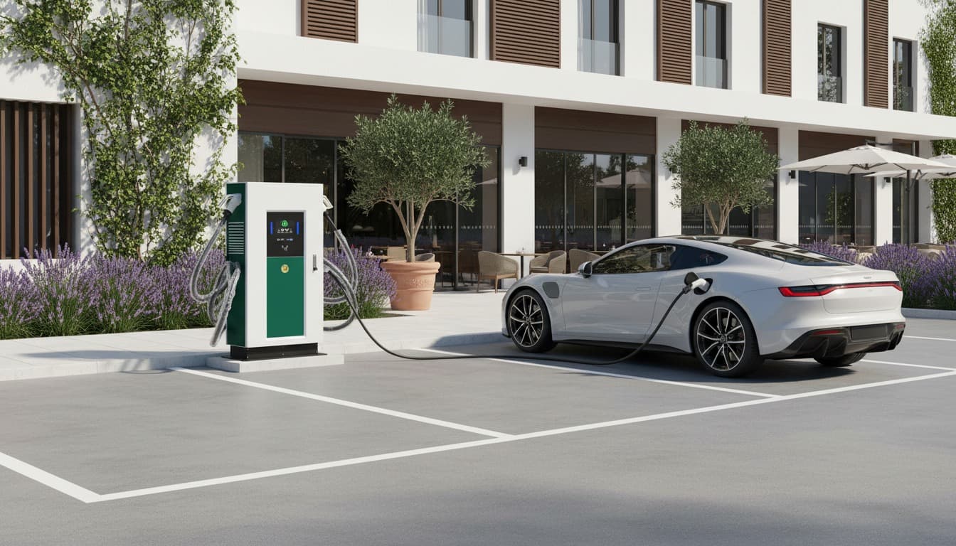 Borne de recharge devant restaurant ou hôtel